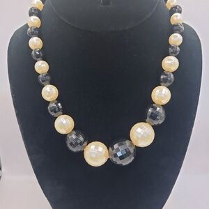 Black and Irridescent Cream Beaded Necklace